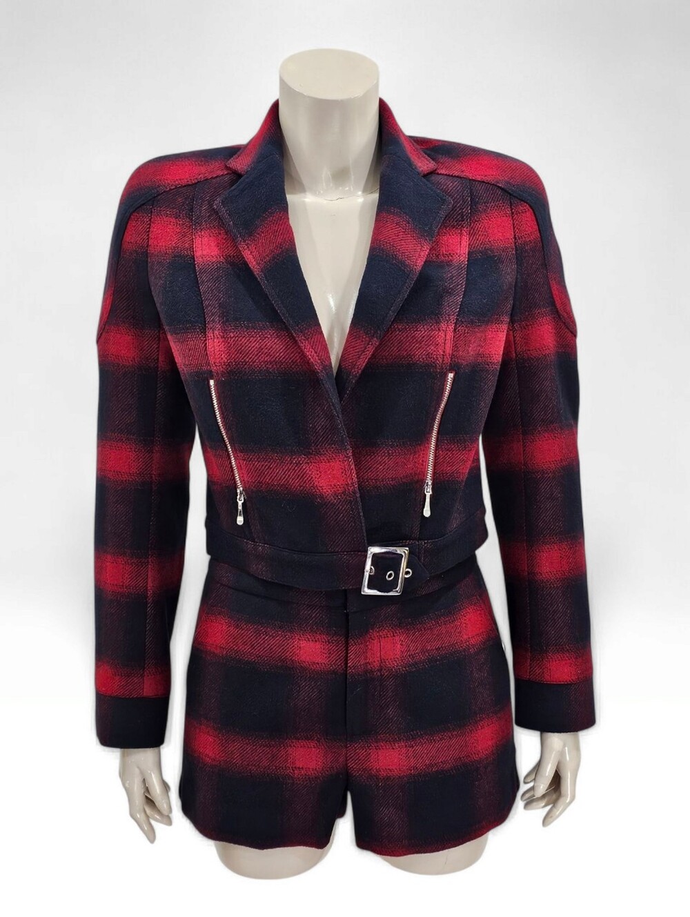 BEBE Red Navy Plaid Wool Blend 2 Piece Cropped MotoJacket & Shorts Set Sz 4
